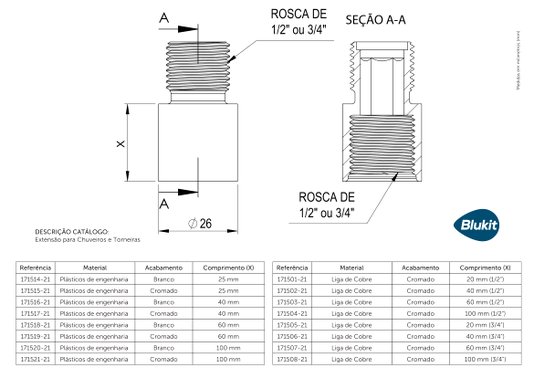 Extensão para Chuveiros e Torneiras Cromado 10cm - 171504 BLUKIT