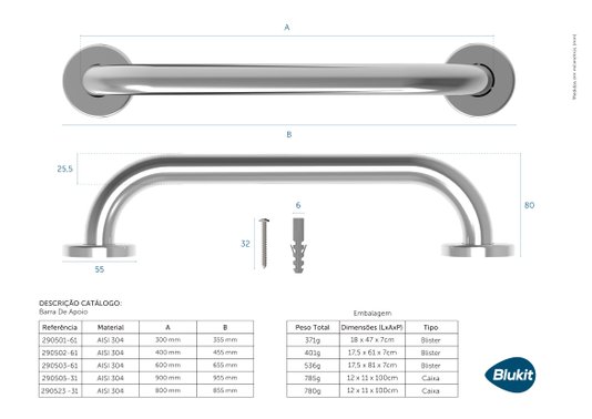 Barra de Apoio 30cm para Banheiro em Latão Cromado - 290501 BLUKIT