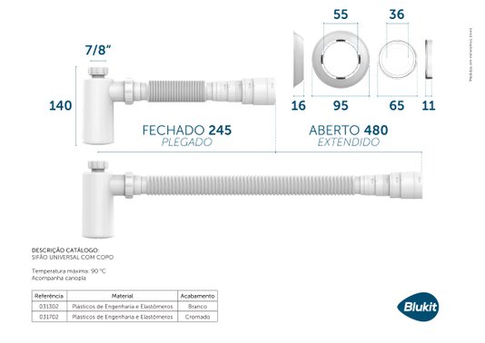 Sifão Universal para Lavatorio Metalizado com Copo - 031702 BLUKIT