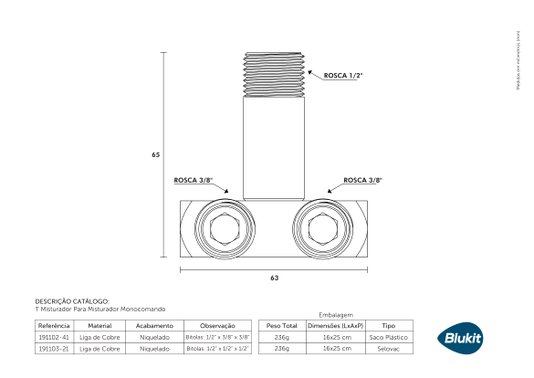 Tee Misturador para Misturadores Monocomando Cromado - 191103 BLUKIT