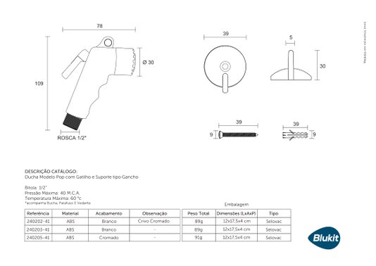 Ducha Manual Pop com Gatilho e Suporte Tipo Gancho 240205 BLUKIT