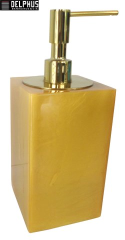 Saboneteira Liquida de Mesa (14,0 X 8,0 X 8,0)cm em Poliester Dourado com Dosador Dourado