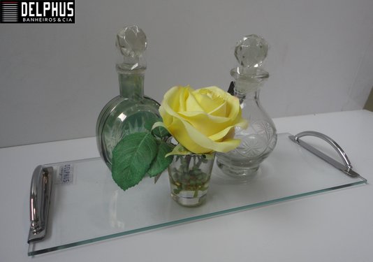 Bandeja Retangular em Latão Cromado Base Vidro 14x33