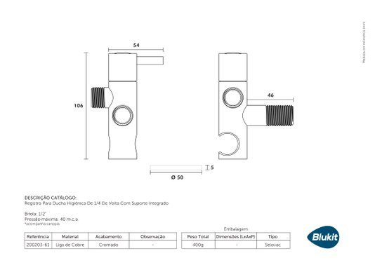 Registro para Ducha Hidiênica 1/4 de Volta com Suporte Integrado Cromado - 200203 BLUKIT