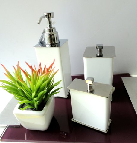 Pote Porta Cotonete Quadrado Branco com Inox