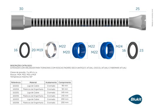 Extensor com Arejador 14cm para Torneiras com Roscas Padrão Deca (Antigo e Atual), Docol (Atual) e Fabrimar (Atual) - 110205 BLUKIT