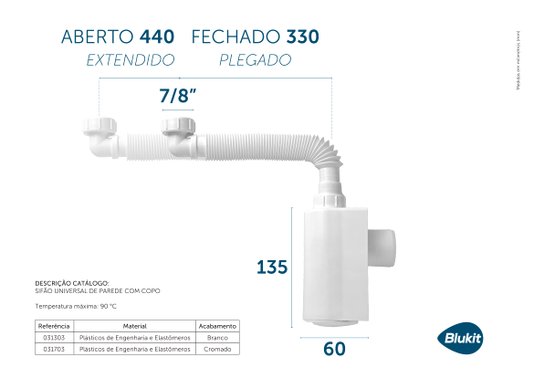 Sifão Universal de Parede com Copo 31703 Cromado Blukit