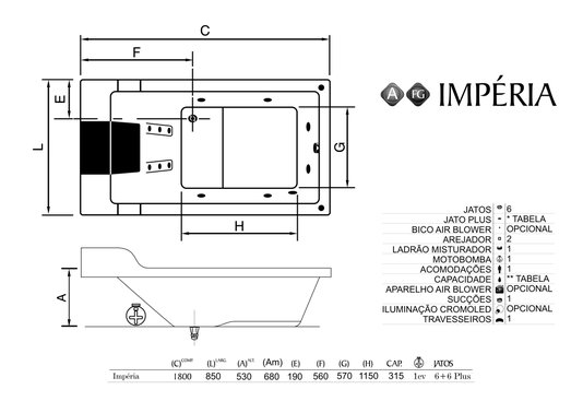 Banheira Imperia 180x85x53 acrílica 6/6 plus com travesseiro e alça Mondialle