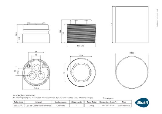 Kit Prolongador para Misturador Monocomando de Chuveiro Padrão Deca 160131 BLUKIT