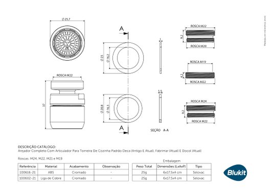 Arejador Completo com Articulador para Torneira de Cozinha Padrão Deca, Fabrimar e Docol 100616 BLUKIT
