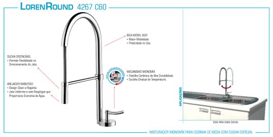 Misturador Monomix para Cozinha de Mesa com Ducha - Bica Móvel