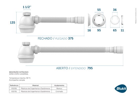 Sifão Universal com Copo Metalizado para Pias e Tanques - 31701 BLUKIT