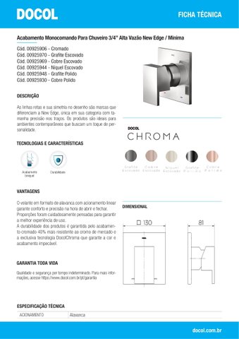 Acabamento monocomando para chuveiro 3/4" alta vazão New Edge/Minima grafite escovado 925970 Docol