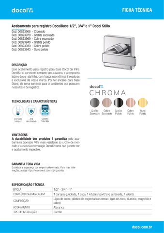 Acabamento Registro DocolBase 3/4" Stillo 823943 Ouro polido Docol