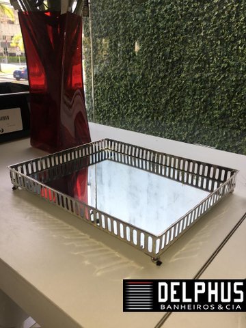 Bandeja Retangular em Metal Cromado com Base Espelho 30x24