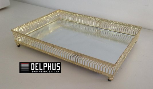 Bandeja Retangular em Metal Dourado com Base Espelho 26,5X18,5