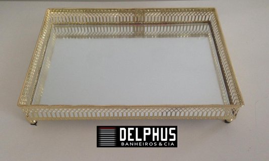 Bandeja Retangular em Metal Dourado com Base Espelho 26,5X18,5