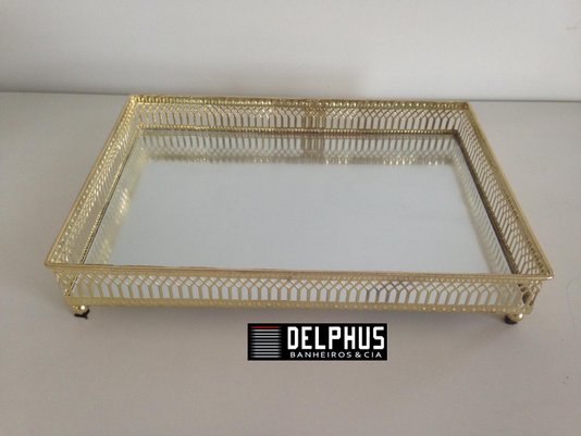 Bandeja Retangular em Metal Dourado com Base Espelho 26,5X18,5
