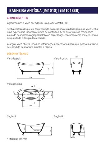 Banheira de Imersão ANTIGUA (1750x730x770)cm Com pés brancos - IM1018BR IMMERSI
