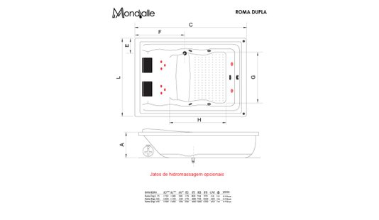 Banheira Roma Dupla 175x120 Mondialle