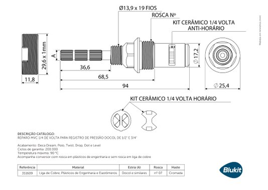 Reparo MVC 1/4 de Volta para Registro de Pressão Docol de1/2" e 3/4" - 351609 BLUKIT