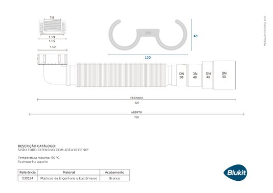 Sifão Tubo Extensivo Universal com Joelho de 90º PVC Branco - 30124 BLUKIT