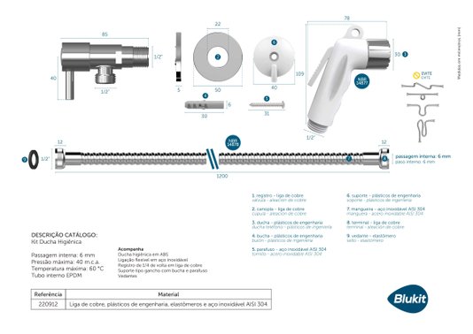 Ducha Higienica com Engate Flexivel de 1,20 metros 220912 Blukit