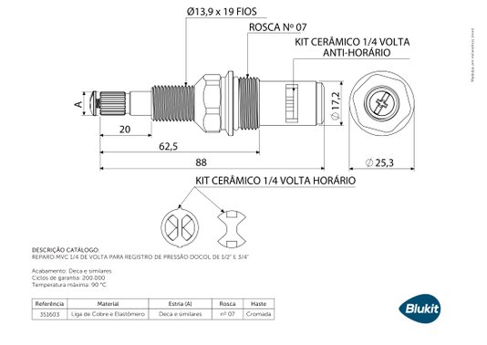 Reparo MVC 1/4 de Volta para Registro de Pressão Docol de 1/2" e 3/4" 351603 BLUKIT