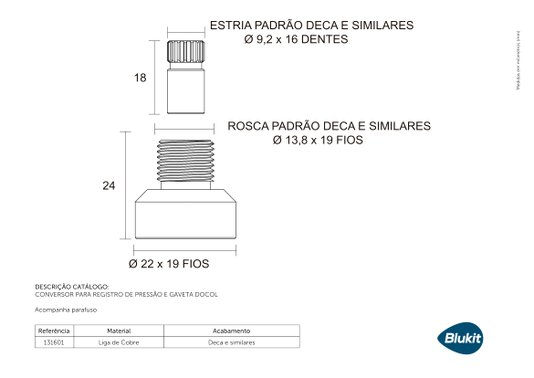 Conversor para Registro de Pressão e Gaveta Docol - 131601 BLUKIT