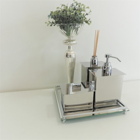 kit 3 Peças Aço Inox - Difusor, Saboneteria e Porta Cotonete