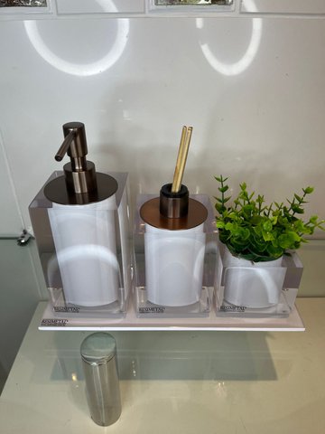 Kit 3 Peças com Bandeja Cristal Branco / Tampa Cobre Escovado Resimetal