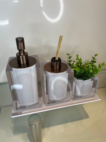 Kit 3 Peças com Bandeja Cristal Branco / Tampa Cobre Escovado Resimetal