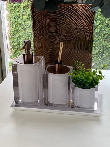 Kit 3 Peças com Bandeja Cristal Branco / Tampa Cobre Escovado Resimetal