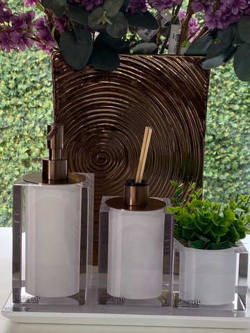 Kit 3 Peças com Bandeja Cristal Branco / Tampa Cobre Escovado Resimetal
