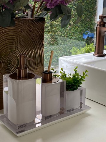 Kit 3 Peças com Bandeja Cristal Branco / Tampa Cobre Escovado Resimetal