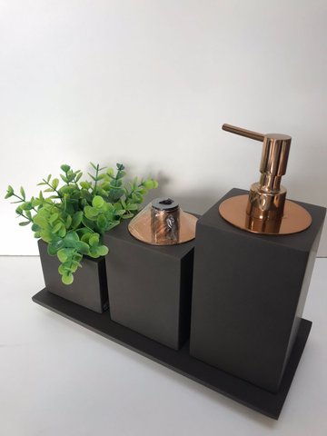 Kit 3 Peças com Bandeja Marrom Fosco / Tampa Red Gold Resimetal