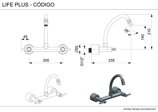 Misturador para Cozinha de Parede Bica Móvel Life Plus B5010C0CRB Celite