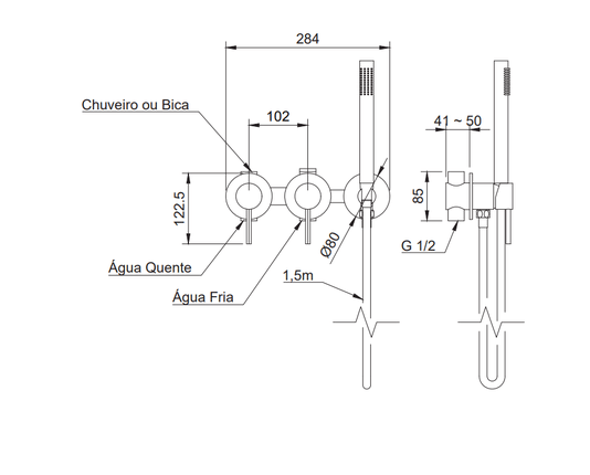 Monocomando Duplo para Chuveiro ou Banheira com Ducha Manual Loop Doka