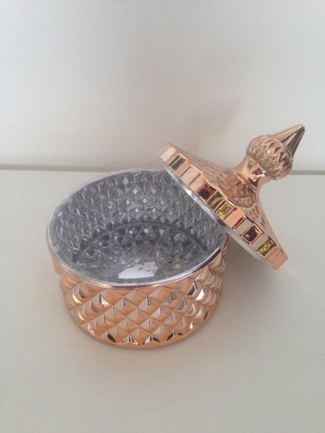 Pote Rosê Gold Redondo em Vidro Trabalhado