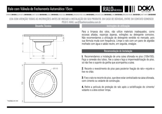 Ralo com Válvula 15x15 Orb DK4984OB Doka