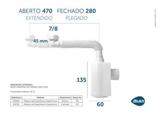 Sifão Universal de Parede com Copo 31303 Branco Blukit