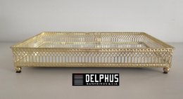 Bandeja Retangular em Metal Dourado com Base Espelho 26,5X18,5